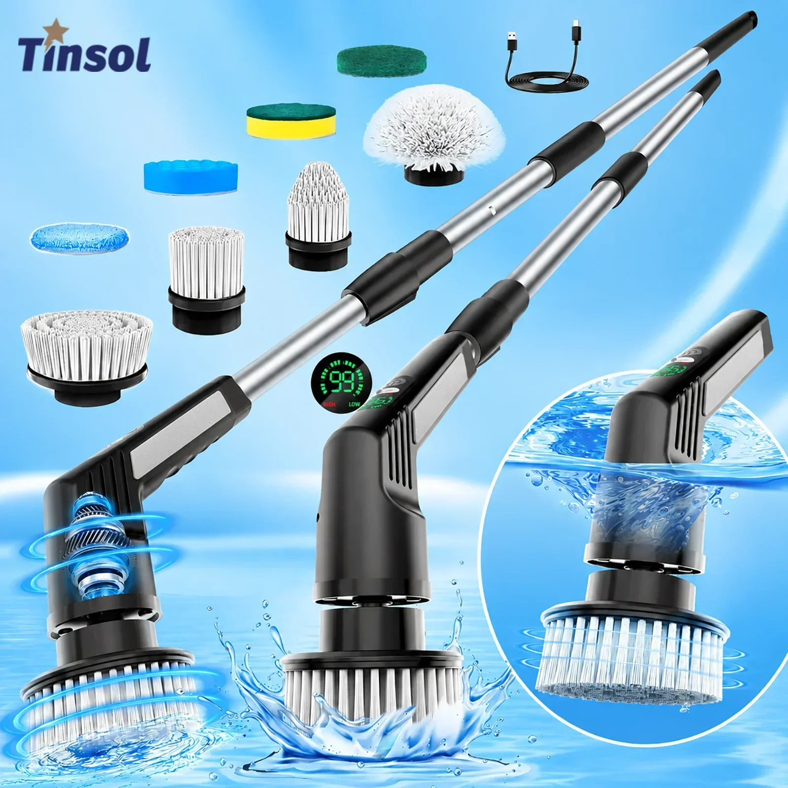 9-in-1 Multi-Function Electric Cleaning Brush Adjustable Automatic Rotating Scrubber Suitable for Kitchen and Bathroom Cleaning