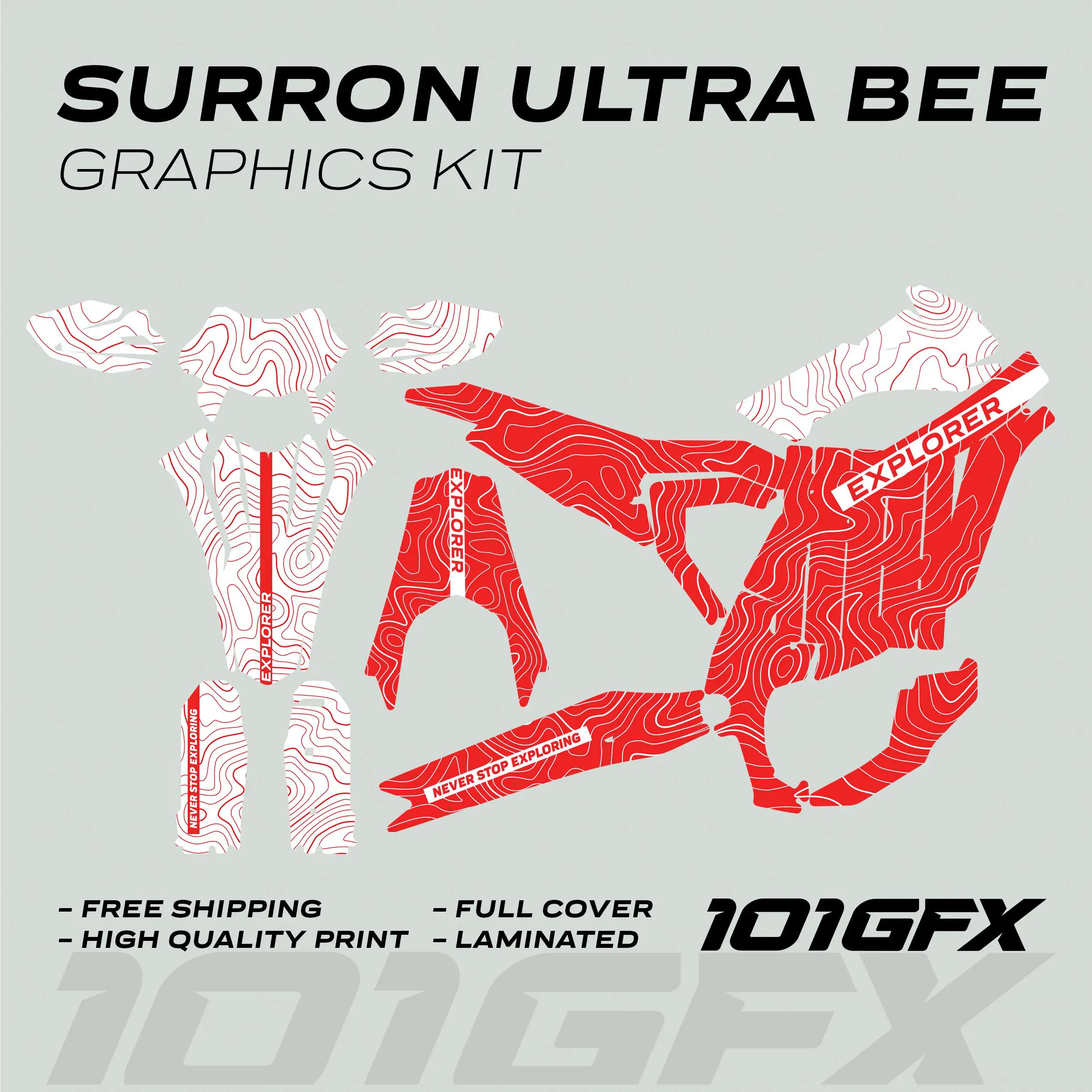 Graphics Kit EXPLORER RED WHITE Explore Altitude Decals Stickers Laminated eBikeDecals Wrap Protection For Surron Ultra Bee
