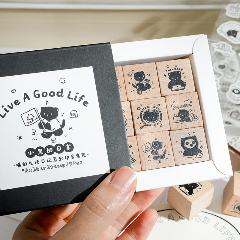 Yoofun Cute Little Black Cat Decoration Stamp Retro Wooden Rubber Stamps for Scrapbooking Journaling Diy Craft Standard Seal