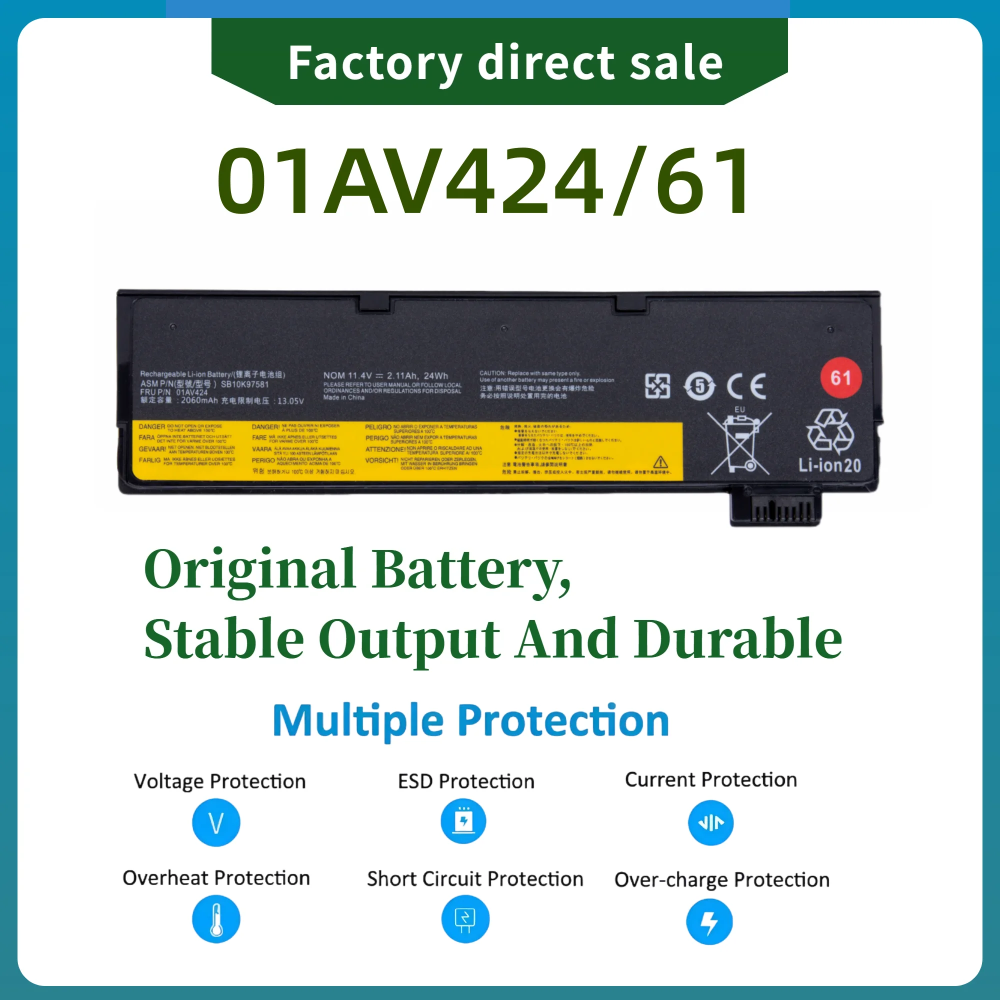 Factory Direct! 61 T470-3C For Lenovo ThinkPad T470 T480 T570 T580 P51S P52S A475 A485 TP25 Laptop Battery  01AV424 01AV423