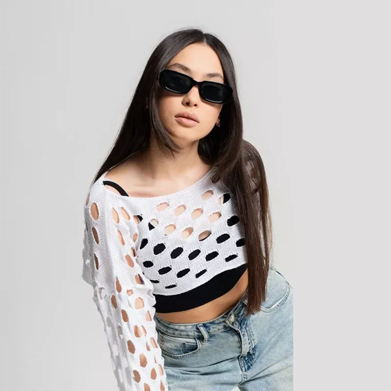 Top de Punto de Moda para Mujer, Manga Larga, Cuello Redondo Calado, Color Puro, Estilo Casual, Tejido Fino de Longitud Media...