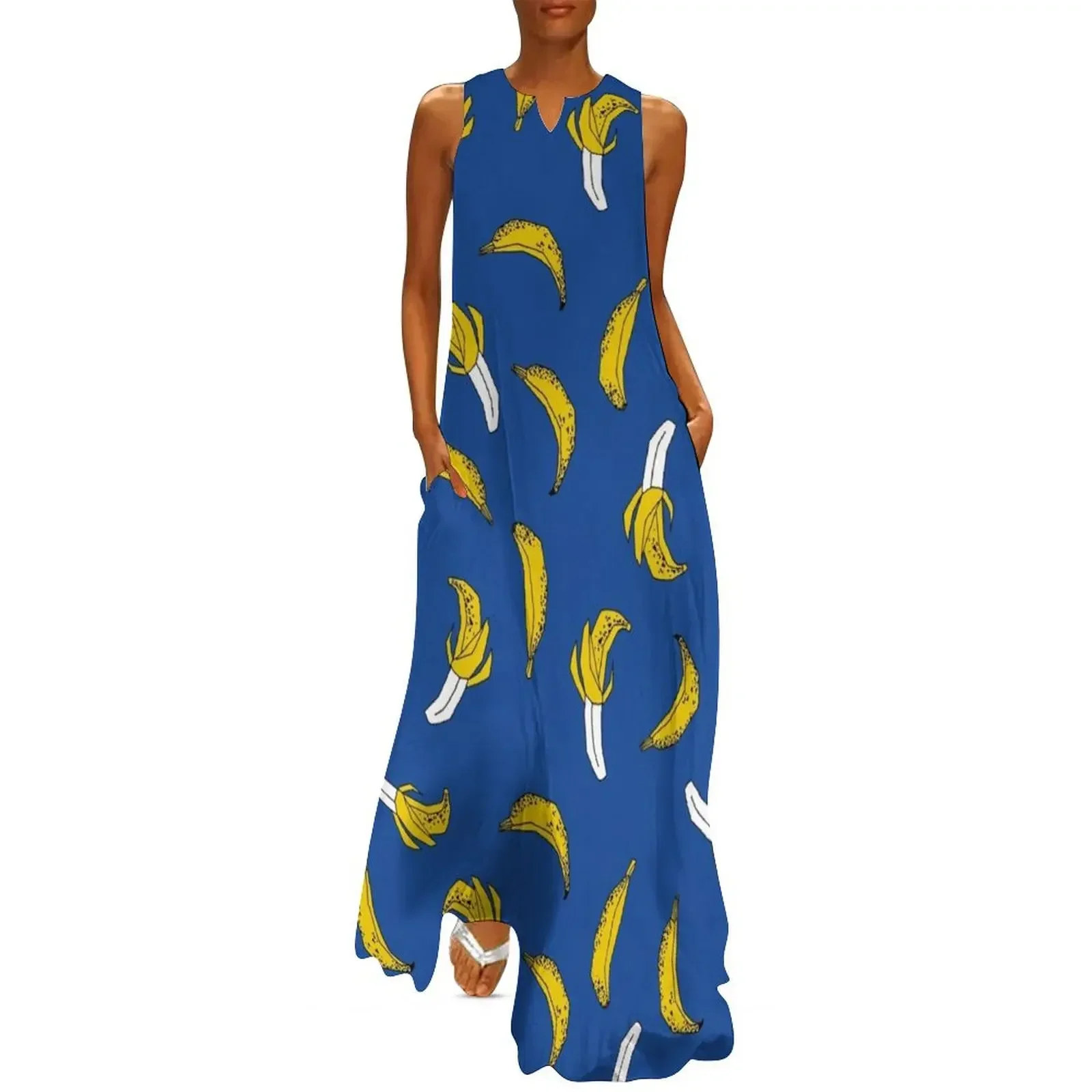 

Banana pattern navy print cute minimal bananas by andrea lauren fruit drawing by Andrea Lauren Design Long Dress