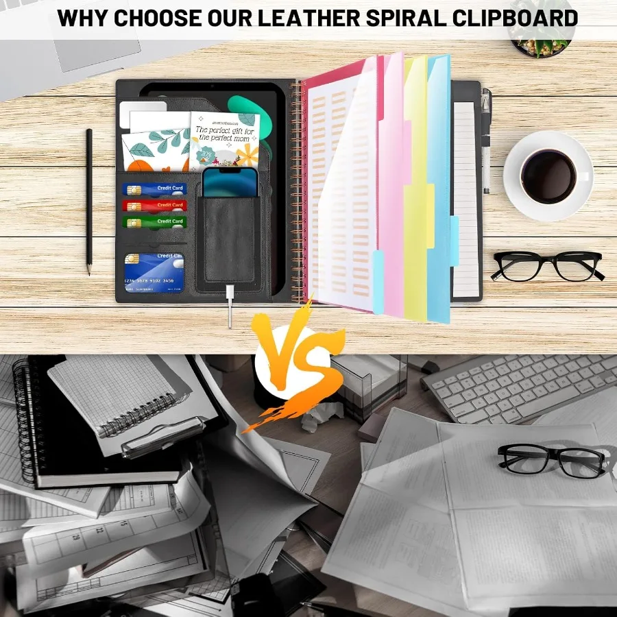 Leather Spiral Padfolio Padfolio for Men with clipboard with a Mirror 5 Folders with 10 Pots Portfolio Binder Clipboard with St