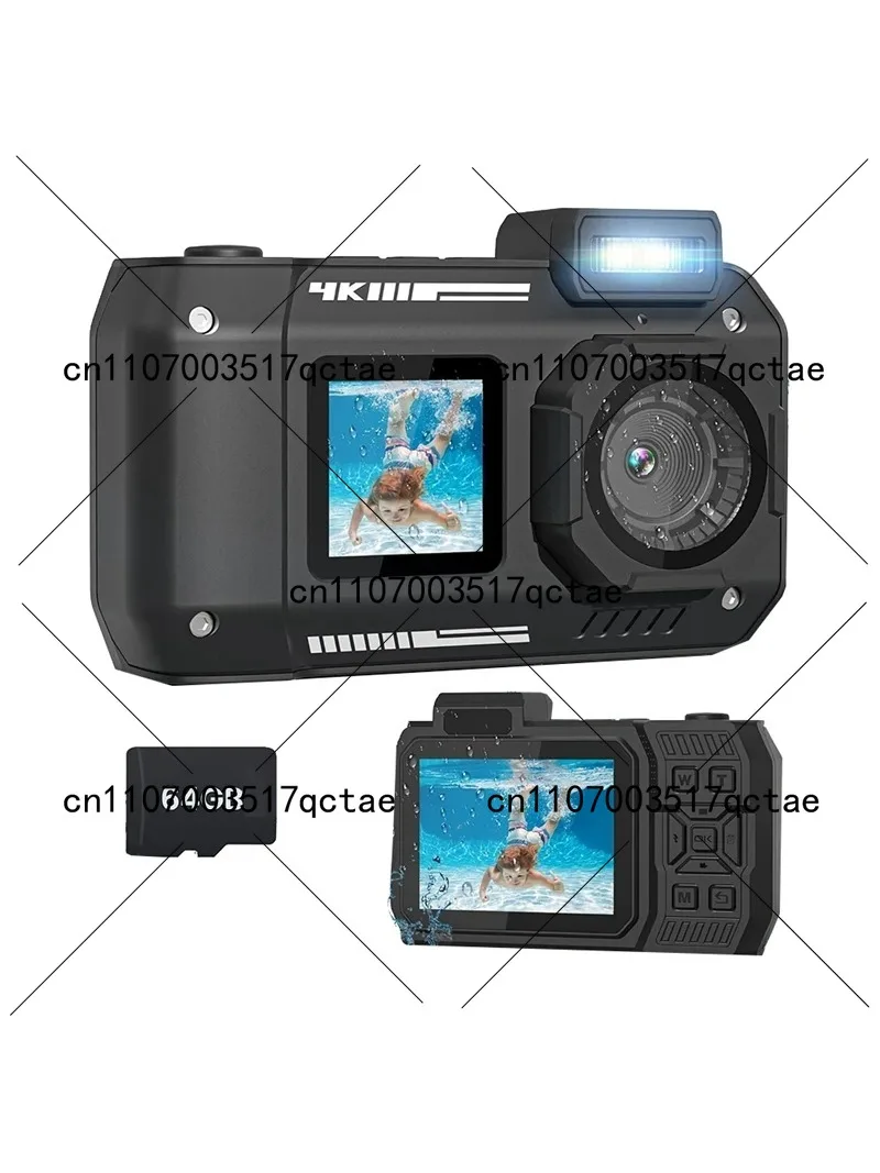 Waterproof Camera 4K 65MP Underwater with 64G Card, Snorkeling Autofocus Selfie Dual-Screen