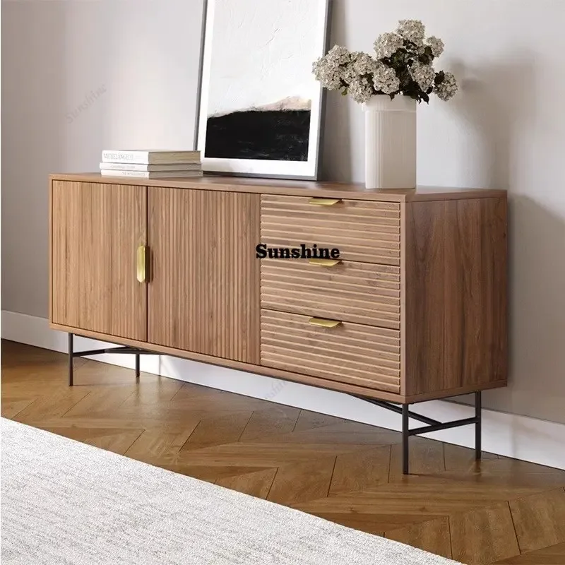 

Medieval style grille dining side cabinet Modern simple log style integrated storage cabinet against the wall FT