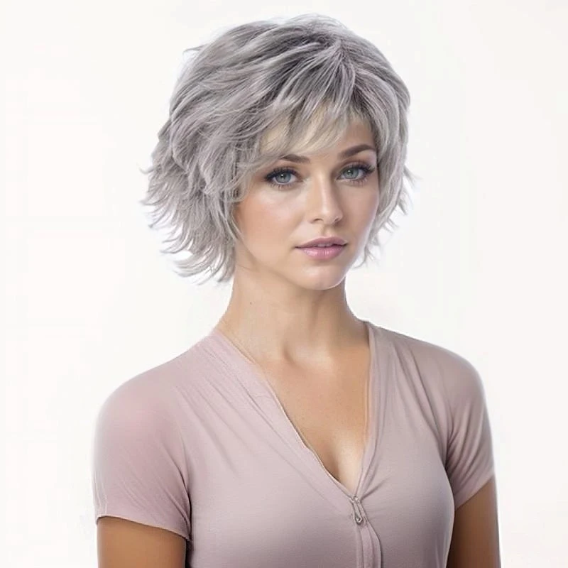 Best-selling short curly with side bangs, fluffy and upturned , gradient gray wig