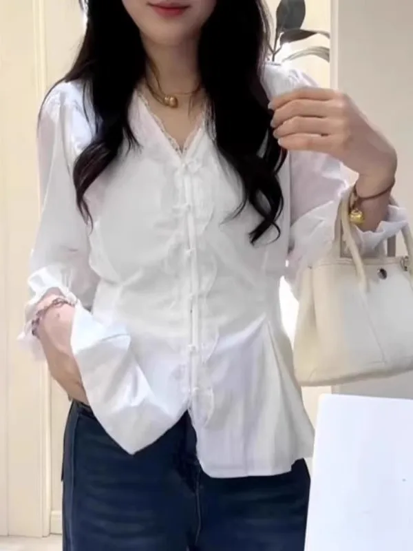 

Slim Fit Long Sve Lace V-Ne irt Women's Spring New plus Size Fro Sle Top Korean Sle Commute Wind Regular Thin