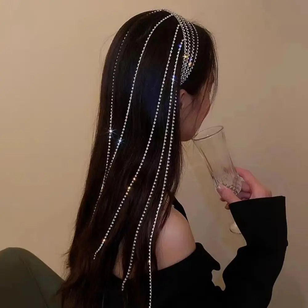 Exaggerated Design Rhinestones Tassel Headband Reflection Silver/Gold Long Tassel Hair Hoop Multi Layered Luxury
