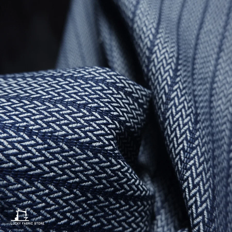 Blue yarn-dyed herringbone jacquard denim twill pattern washed DIY handmade cloth texture designer fabric