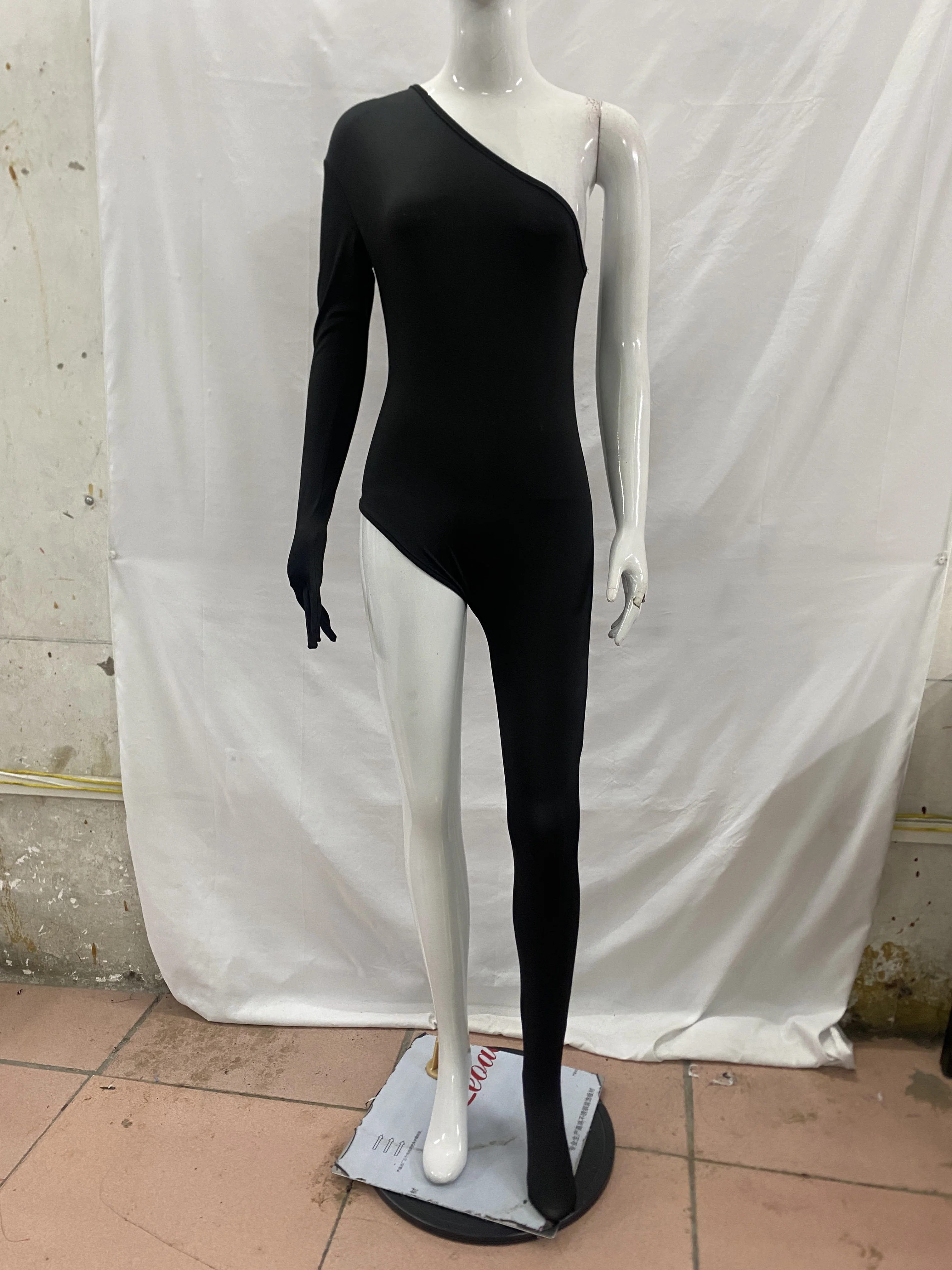 Women Long Sleeve Gloves Legging Bodycon Y2K Sexy Clubwear BodysuitOne Shoulder Asymmetrical Unitard Jumpsuit view 2