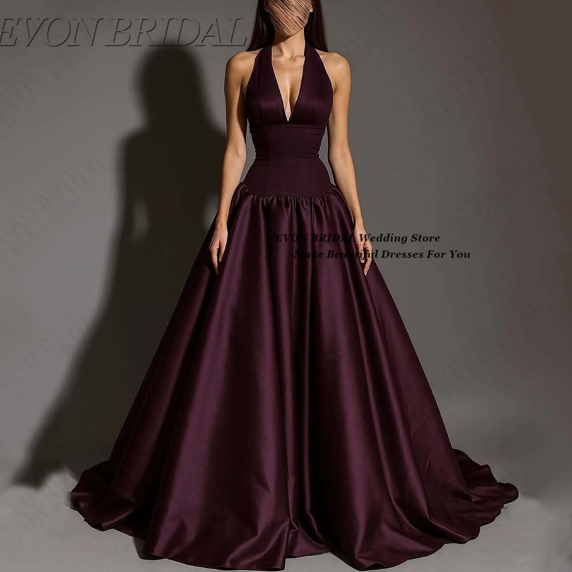

Halter V Neck Wedding Guest Dress Customized Women's Sleeveless Evening Dress A line Long Elegant Satin Party Gowns EVON BRIDAL