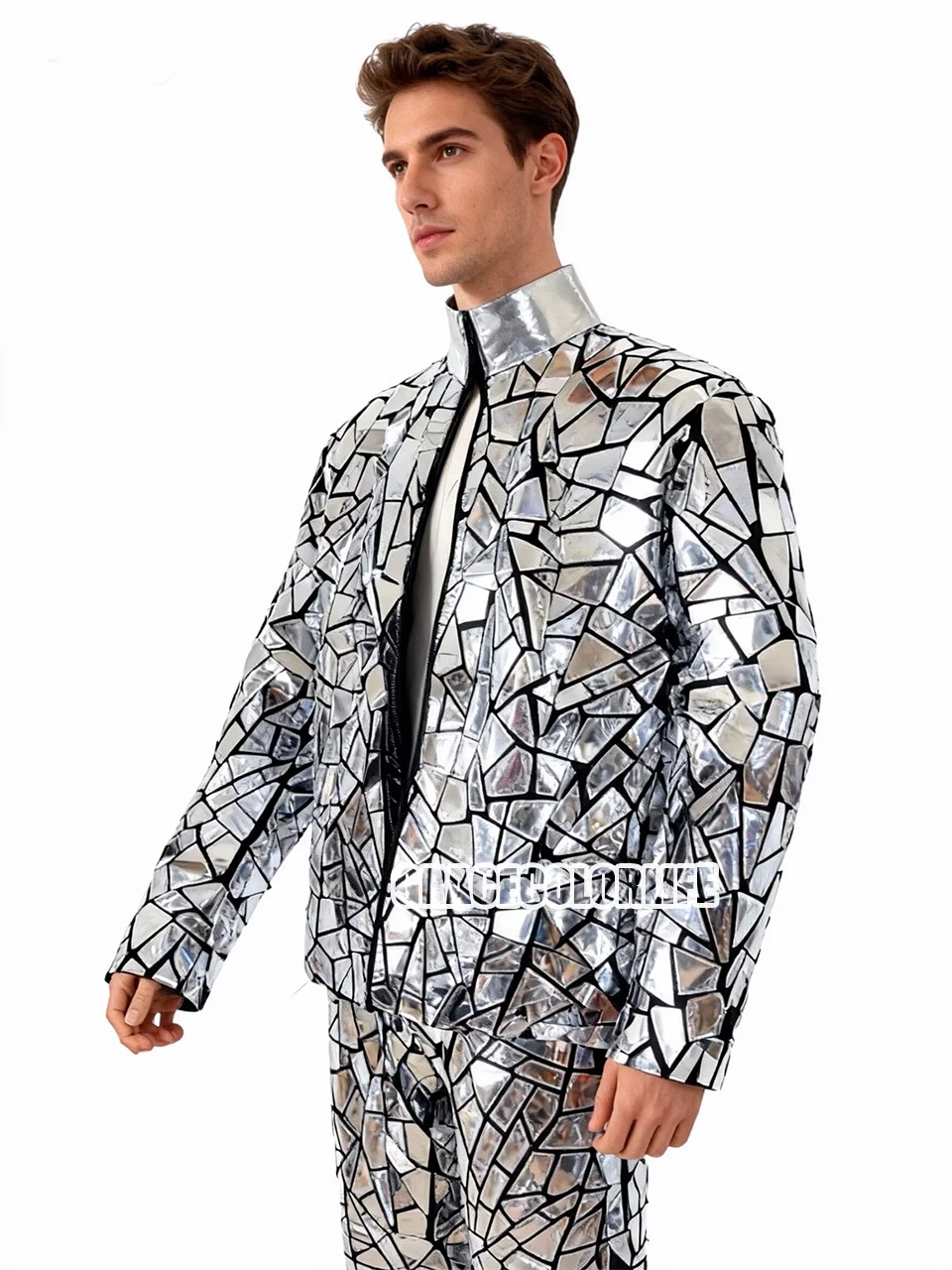 Silver Mirror-Finish Men's Masquerade Costume Reflective Dance Crew Outfit Bar Stage Performance Wear Holiday Party Attire