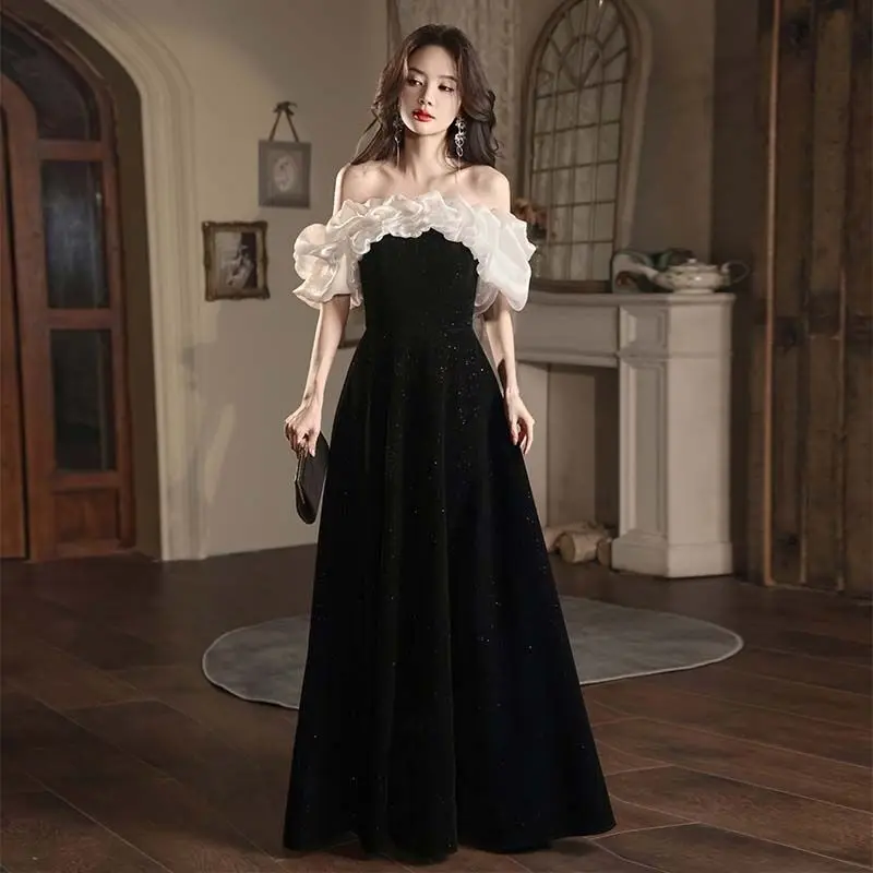 

Ele Velvet Evening Dr for Women Wedding Ceremony Host Art Exam ort Sve One oulder mid Waist Faion Sle