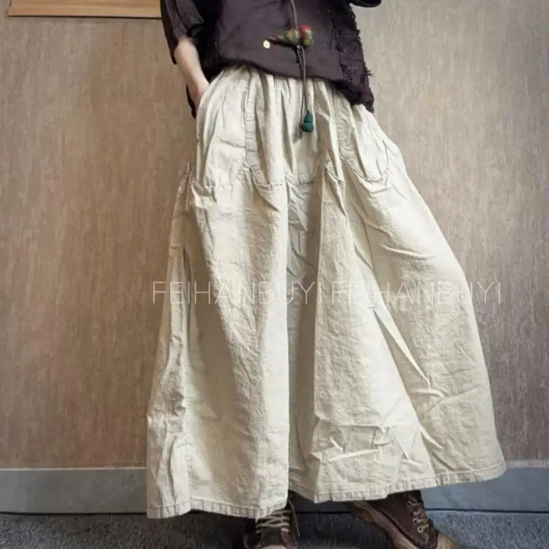 

Новая коллекция 2026: Весенне-летняя женская юбка в стиле арт с эластичным поясом, свободного кроя, А-силуэта, длиной до щиколотки, из высококачественного хлопка и льна, винтажная.