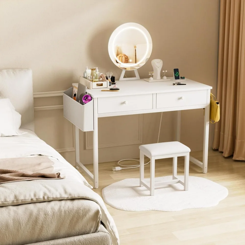 

Makeup Vanity Desk with Mirror and Lights - Girls White Vanity Table Set with Chair, Fabric Drawers, Power Outlet