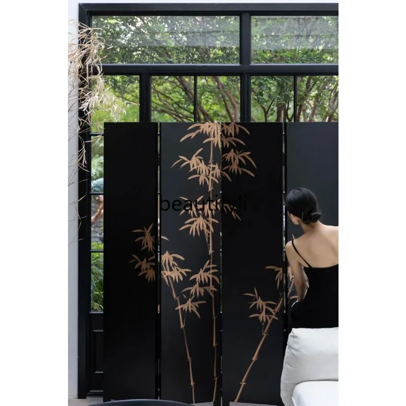 Double-sided treasure 16-grid safety porcelain hand-painted golden bamboo four-fold lacquered wood screen partition