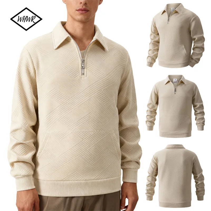 

Осенний мужской жаккардовый повседневный свитшот на молнии, однотонный пуловер, свитер, уличный повседневный свитер с длинным рукавом и воротником-поло, мужские топы