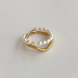 Minar INS Fashion Natural Freshwater Pearl Charm Rings for Women Double Layered Gold Color Metal Irregular Geometrical Open Ring
