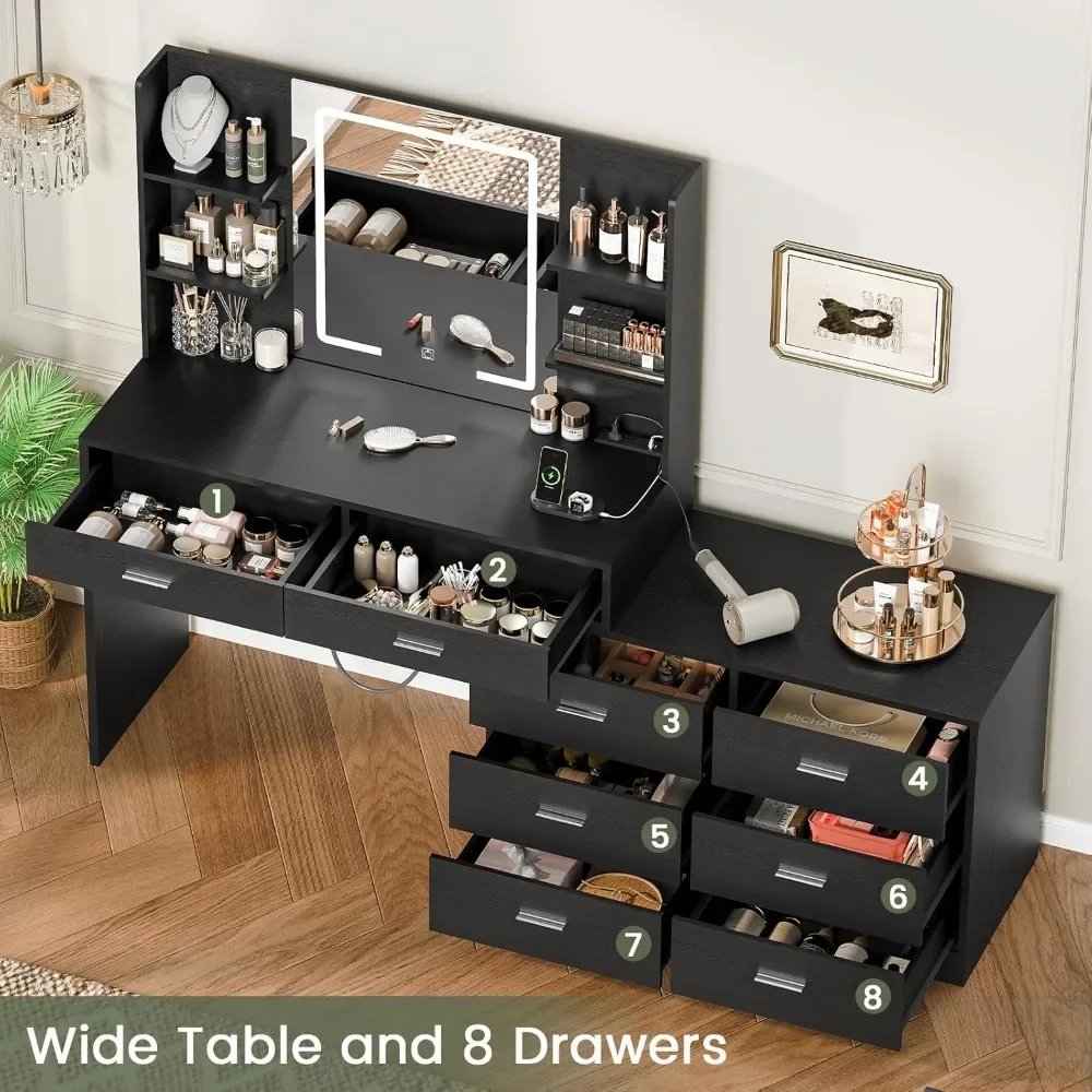 Dressing Table with LED Illuminated Mirror and Power Socket, Drawers and Open Shelves image 3