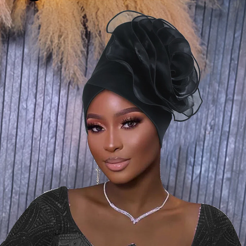 Exaggerated Big Flower Women Turban Cap African Head Wrap Wedding Party Headwear Headscarf Hat Hijab Bonnet Nigeria Auo Gele New