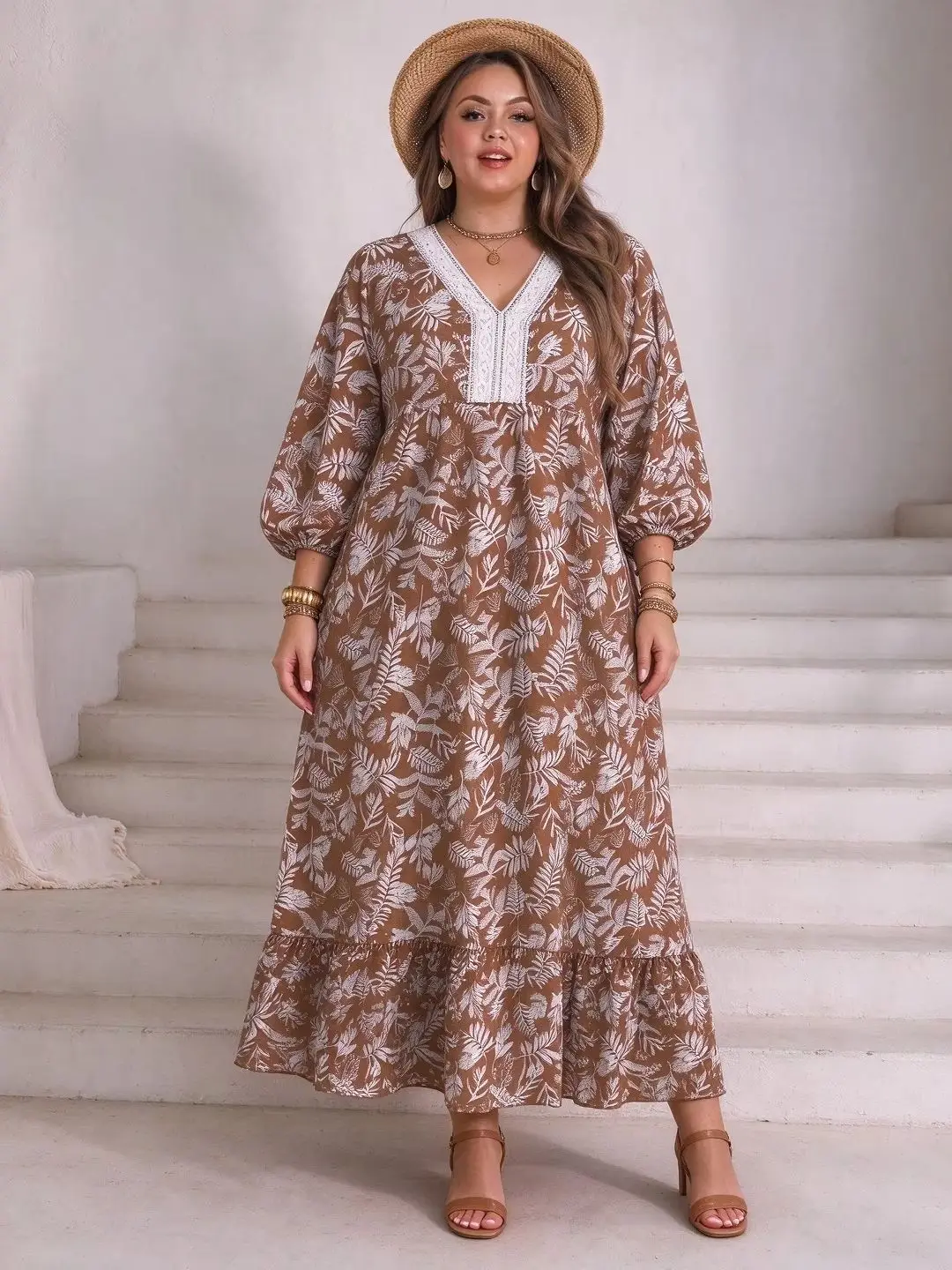Plus Size Women Leaf Floral Maxi Dress Lace V Neck Lantern Sleeve Ruffle Hem Loose Beach Boho Long Vestidos