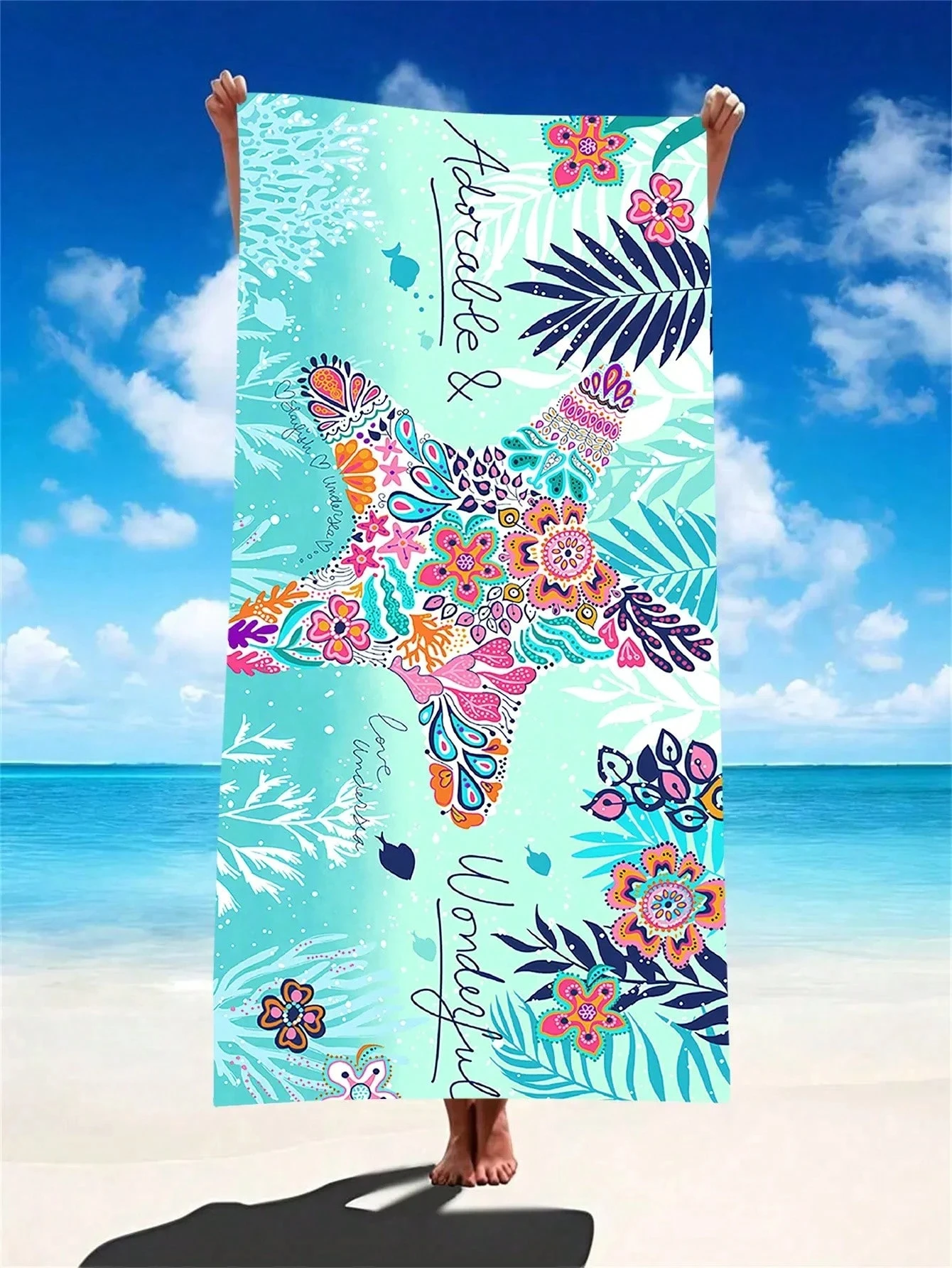 

Bohemian tropical starfish printed beach towel,quick drying, absorbent，beach swim pool options, oastal floral pattern bath towel