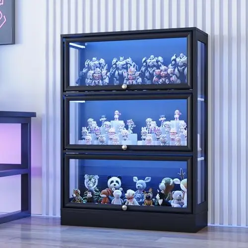 Display Cabinet with Acrylic Glass Doors,3-Tier Curio Cabinet with RGB Lights for Collectibles,Toys,Lighted Display