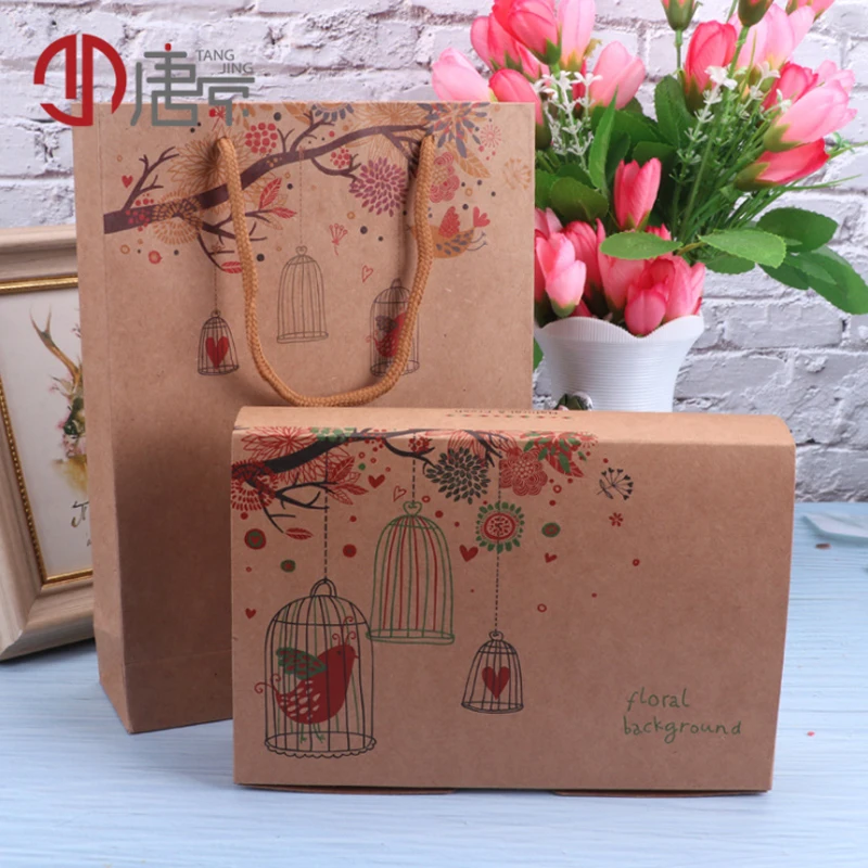 10pcs 12*12*5cm Flower and Bird Kraft Candy Box Handmade Dessert Box Tote Bag Cookies Gift Paper Party Birthday Wedding supply