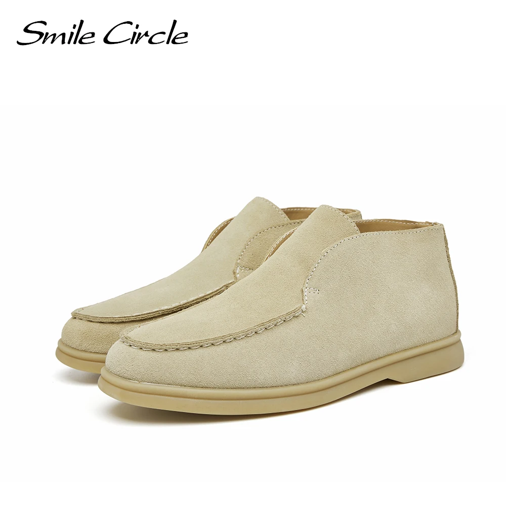 Smile Circle Women Flats Shoes Genuine Suede Leather Casual Shoes Spring 2022 Nude Slip-On Loafers Round Toe Ladies Lazy Shoes