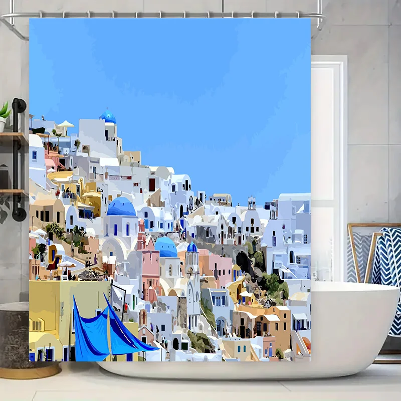 Bathroom Shower Curtain Decor with Blue Sky Scene White Village House Print for Home Decoration Waterproof Fabric in Multiple Si