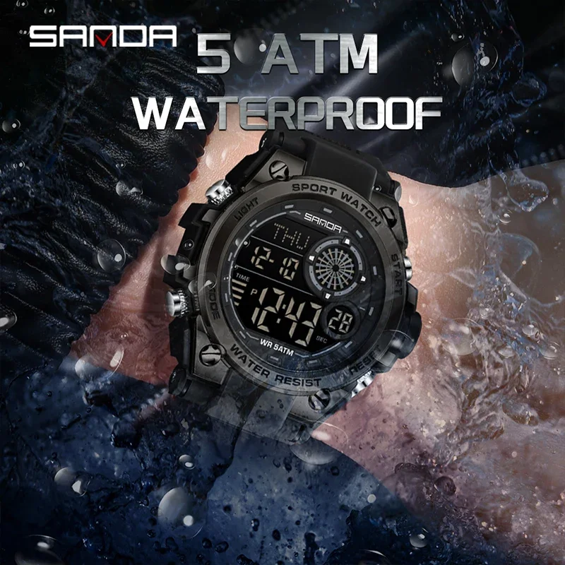 패션 SANDA 브랜드 신제품 6255 남성용 전자 시계 스포츠 다기능 50M 방수 LED 디지털 야간 조명 남성 손목시계