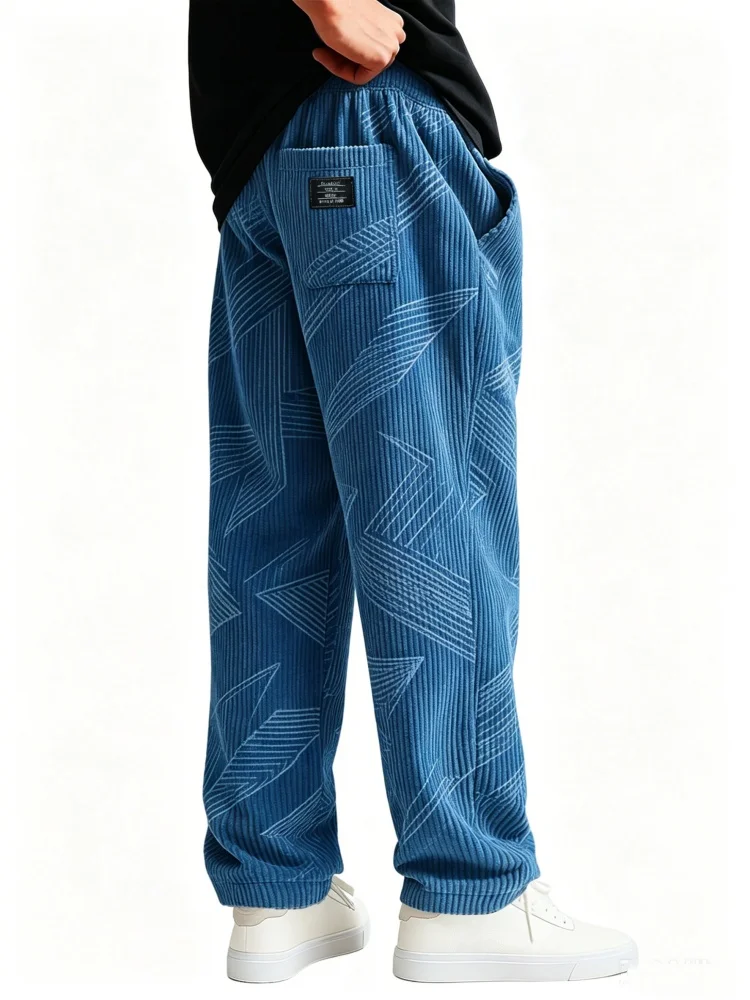 Men Drawstring Waist Corduroy Pants Blue Geometric Line Print Loose Straight Street Trousers