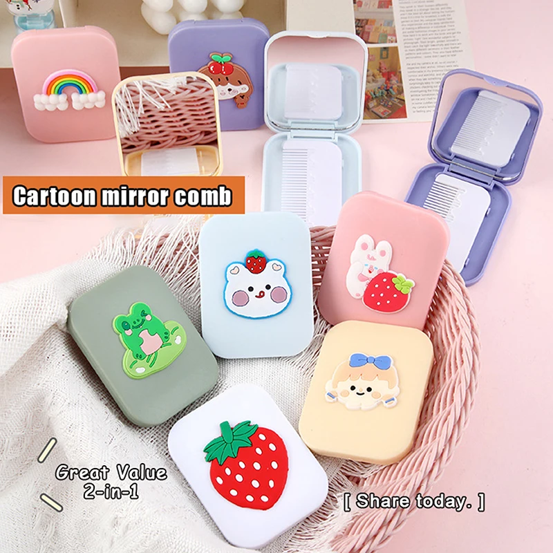 1Pcs Cartoon Portable Flip Folding Makeup Mirror With Pull-out Type Comb For Girl Gift Makeup Tools Travel