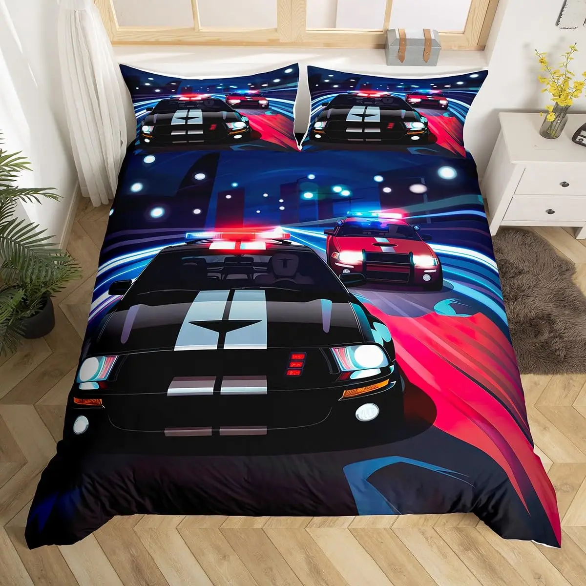 

Cartoon Police Car Duvet Cover Queen Policeman Bedding Set Emergency Responder Vehicles Comforter Cover Modern Cars Quilt Cover