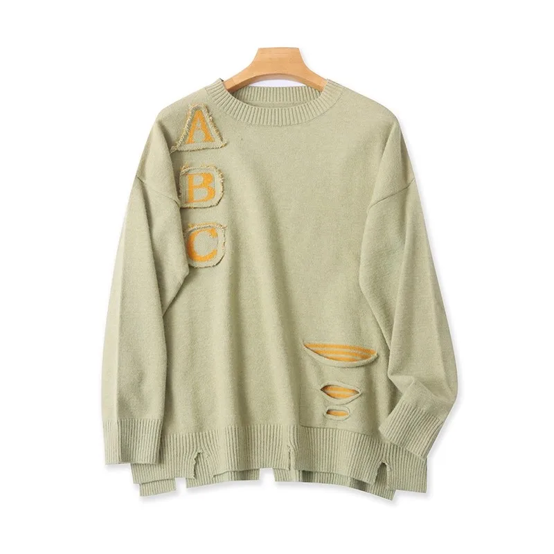 เสื้อสเวตเตอร์ไหมพรมถักทรงหลวม แขนยาว สำหรับผู้หญิง แฟชั่นฤดูใบไม้ร่วง ฤดูหนาว ดีไซน์ลายปะติด รูระบายอากาศ ให้ความอบอุ่น สีสันหลากหลาย