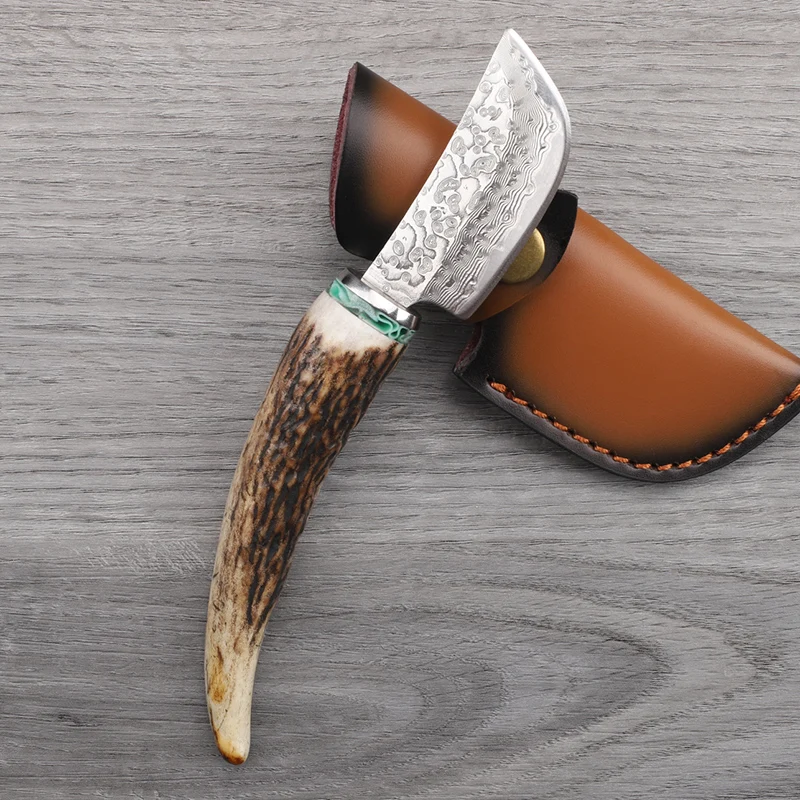 Pisau Baja Damaskus, Gagang Tanduk Rusa Alami, Pisau Tetap, Bertahan Hidup Di Luar Ruangan, Memancing, Berkemah, Buah, Alat Portabel, Pisau