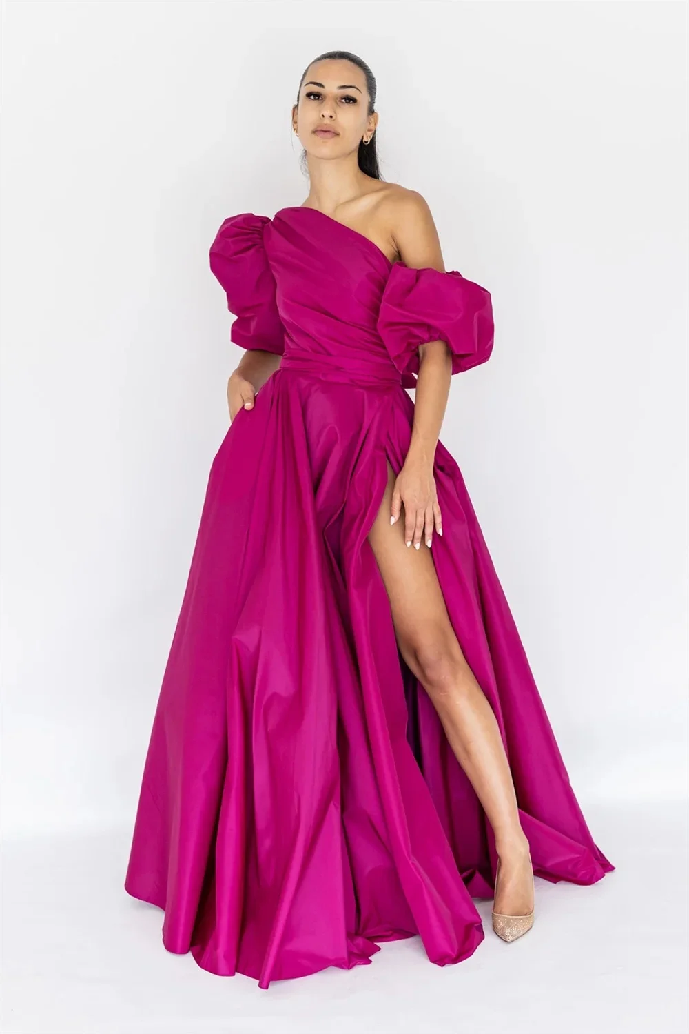 Princess Pleats Puffy Sleeve A-line Vestidos De Noche Taffeta Puffy فساتين سهره فاخره 2023 Elegant Fuchsia Side Split Prom Dress