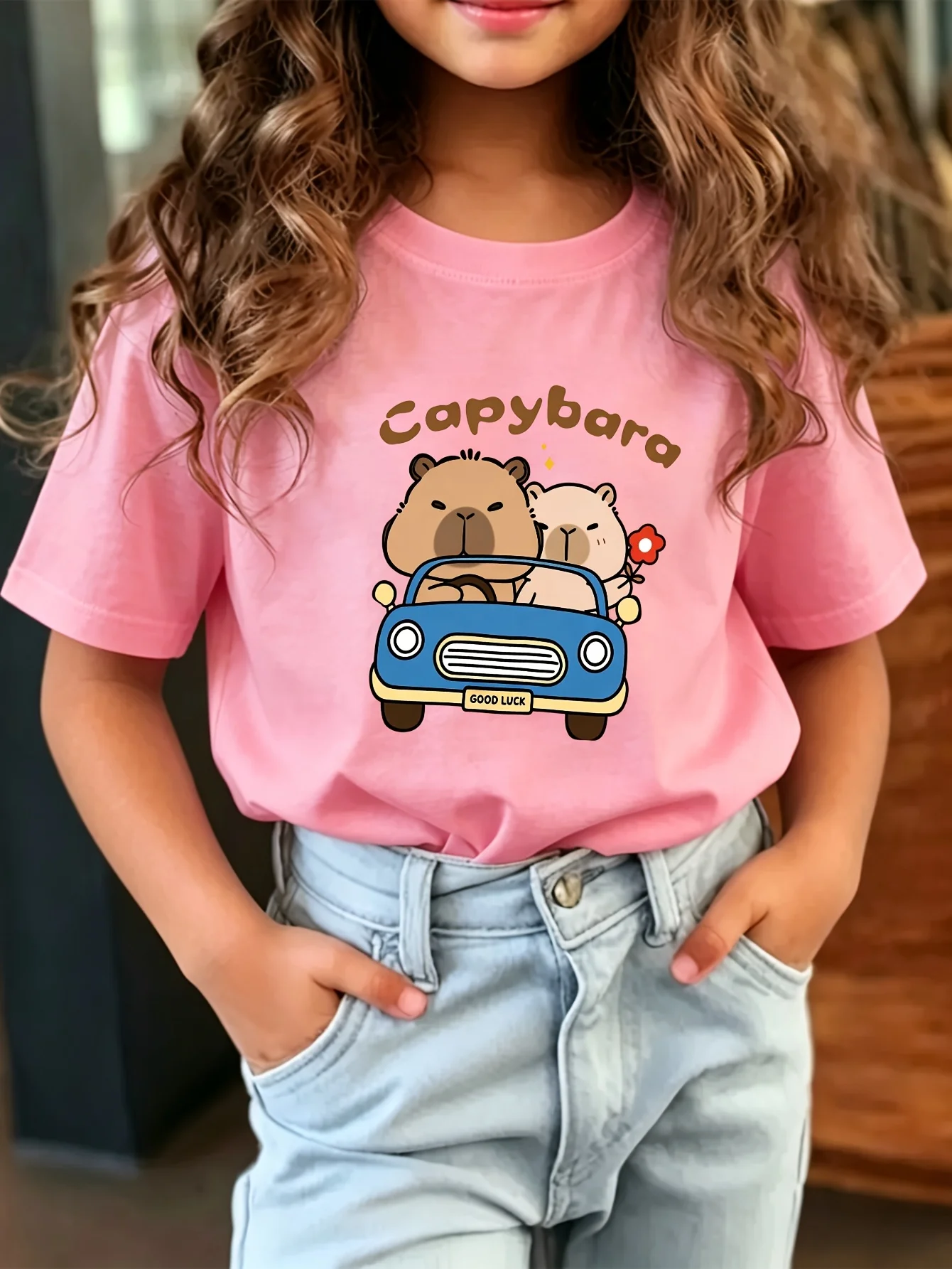 Capybara Driving Car Good Luck Tee Cute Cartoon Animal Graphic Boys Girls Short Sleeve Family Matching Soft Cotton Summer Tops
