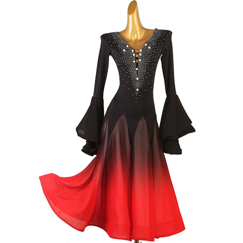 V-neck flare long sleeve gradient skirt rhinestone slim modern dance dress waist cinching big swing ballroom long dress for prof