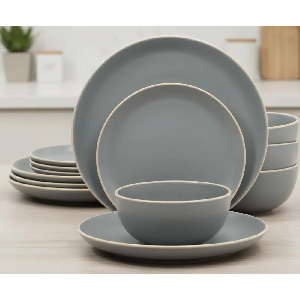 

Modern Grey Matte 12-Piece Dinnerware Set for 4, Stackable Stoneware Plates and Bowls, Microwave Safe