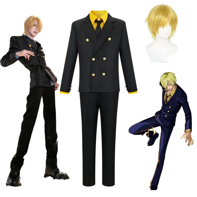 

Anime One Piece Sanji Cosplay Costume Blue Yellow Shirt Suit Uniforms Full Set Halloween Party Role Play Outfit for Adult Men