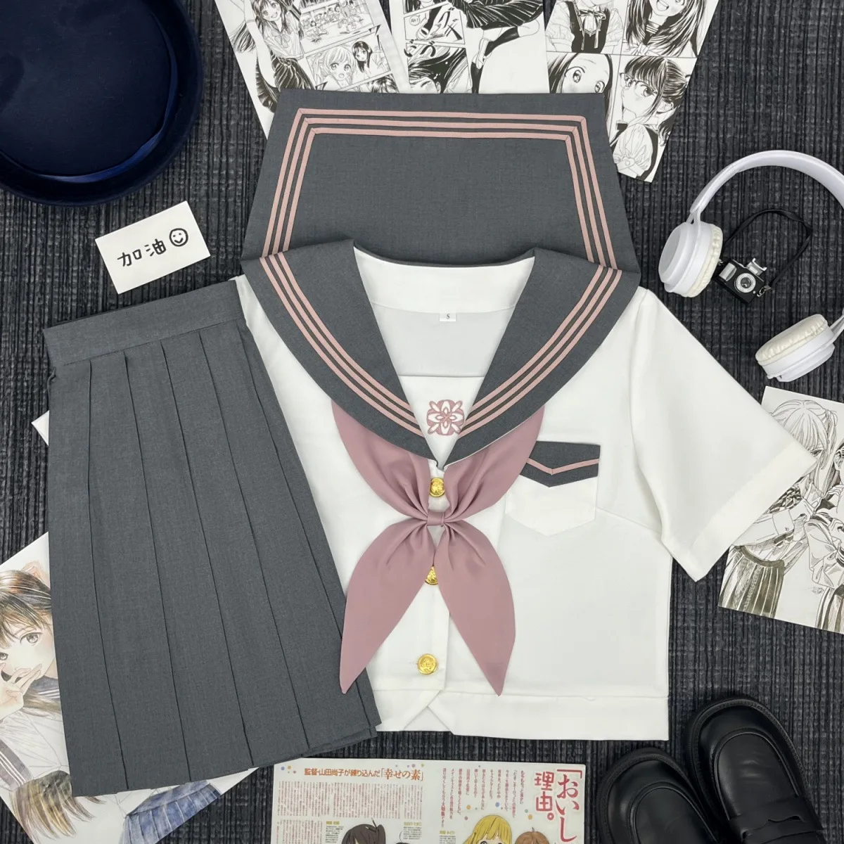 JK School Uniform Cherry Embroidered Sailor Suit,Grey Collar Japanese College Outfit for Graduation Photo&Daily School Wear