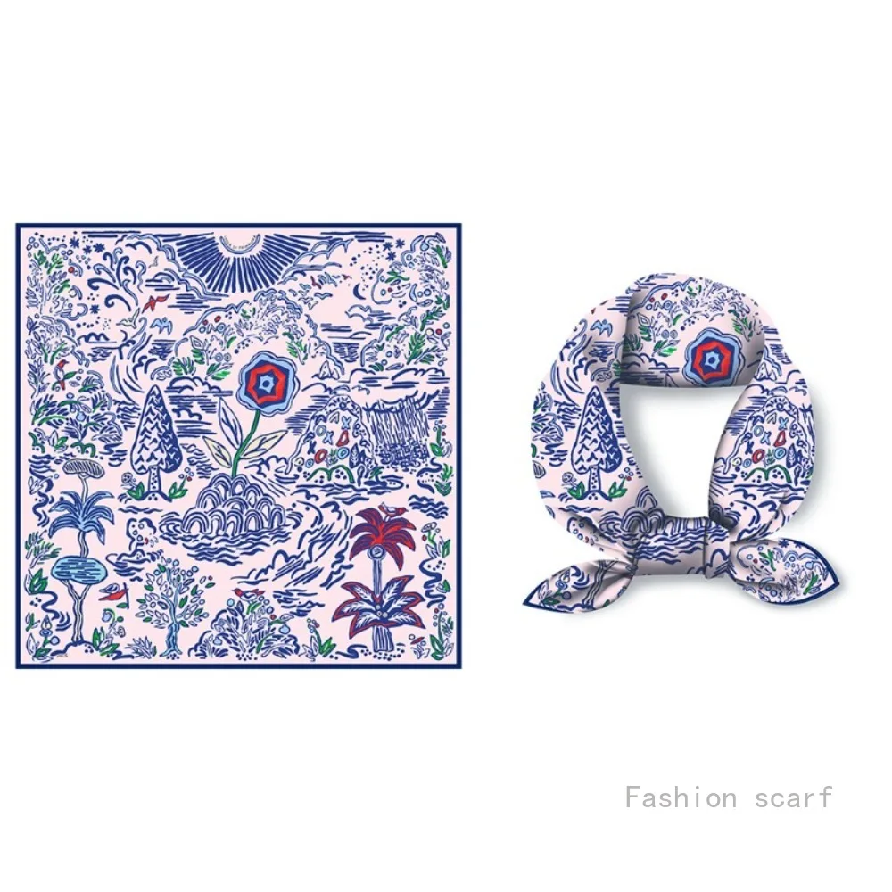 53Cm 새로운 복고풍 손으로 그린 ​​식물과 꽃 소녀 다목적 장식 작은 스카프 실크 스카프 Headscarf 럭셔리 스카프 도매