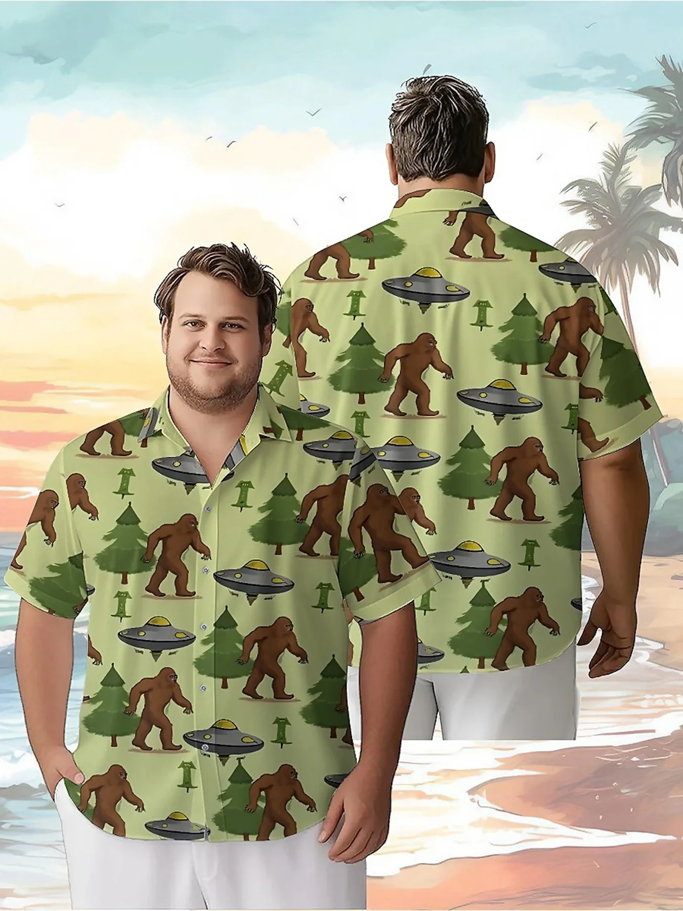 

Men's Plus Size Hawaiian Shirts Sasquatch and UFO pattern,New in Summer Fashion Tops,Hip Hop Rock Streetwear