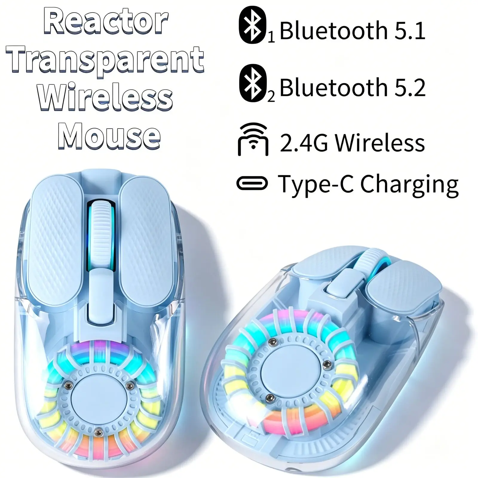 Reactor Transparent Wireless Mouse Dual Mode 2.4G Bluetooth RGB Light Rechargeable Portable Silent Mice For Laptop PC Tablet