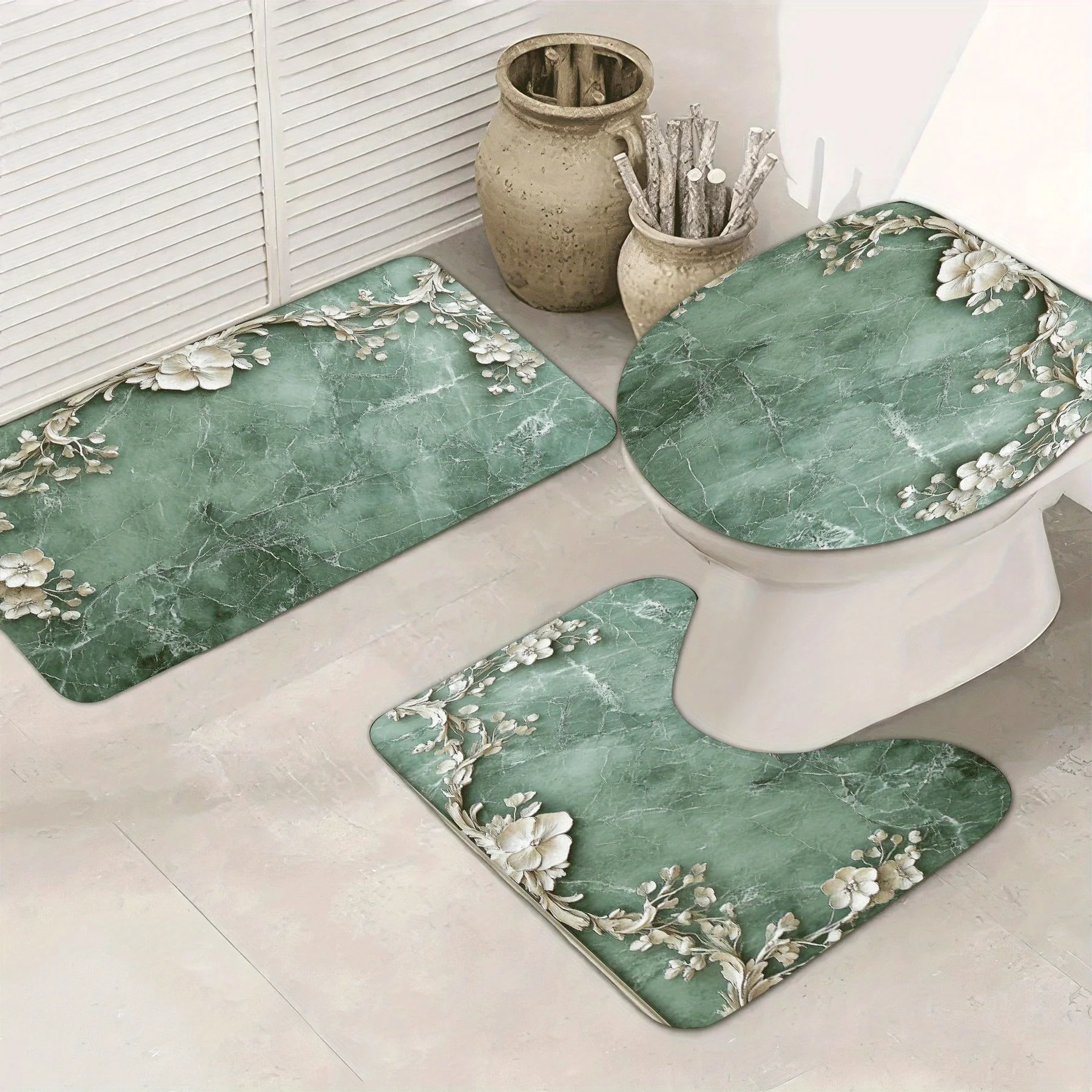 

Набор из 3 супермягких ковриков для ванной комнаты, впитывающие, с нескользящей подложкой, изумрудно-зеленые мраморные обои D с растянутым Cei