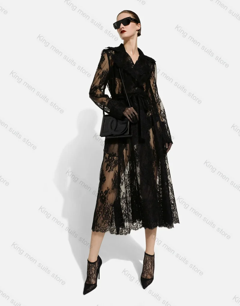 

Sexy Black Lace Wedding Women Suit 1 Pcs Blazer Long Overcoat Customized Formal Office Lady Jacket Spring Fall Prom Dress Coat