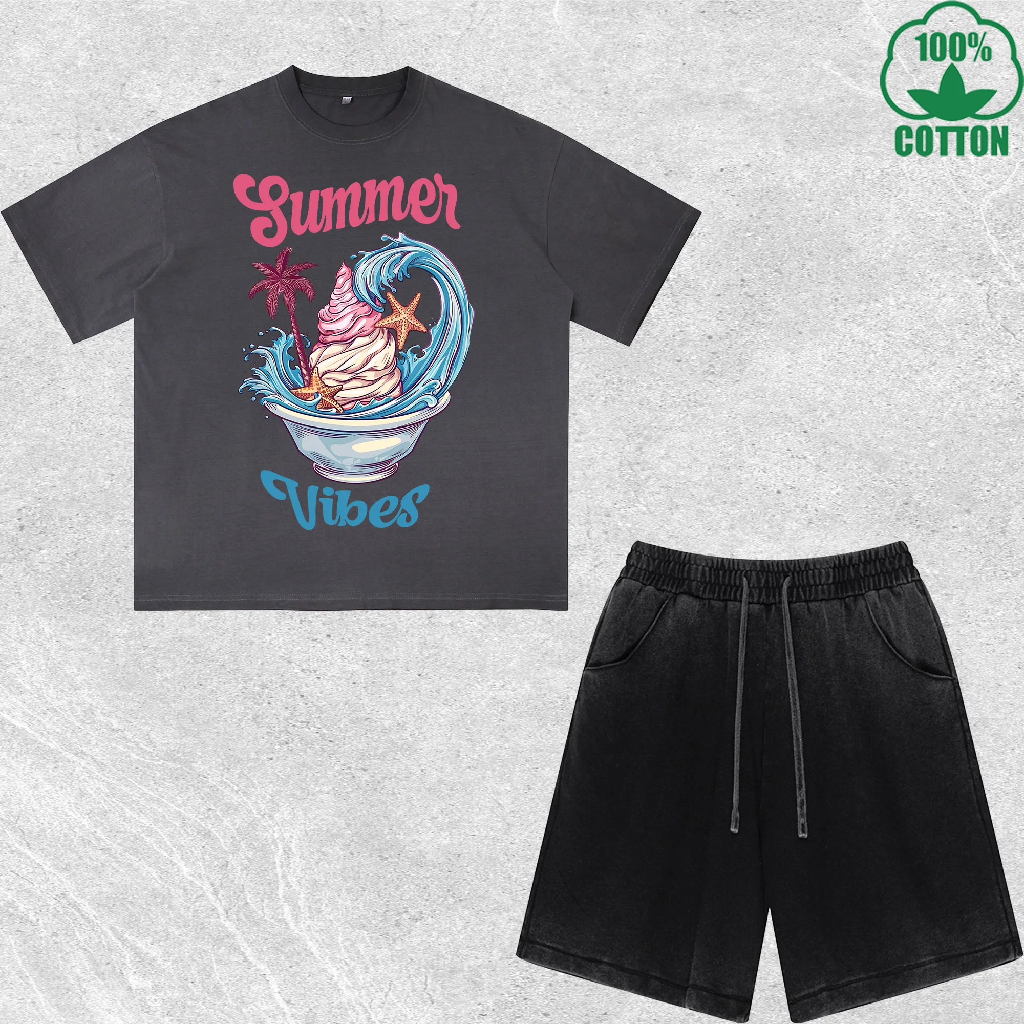 

Summer Vibes Printed Dirty Wash T-Shirt Shorts Set Multicolor Combo Loose Trendy Fashionable 100%Cotton