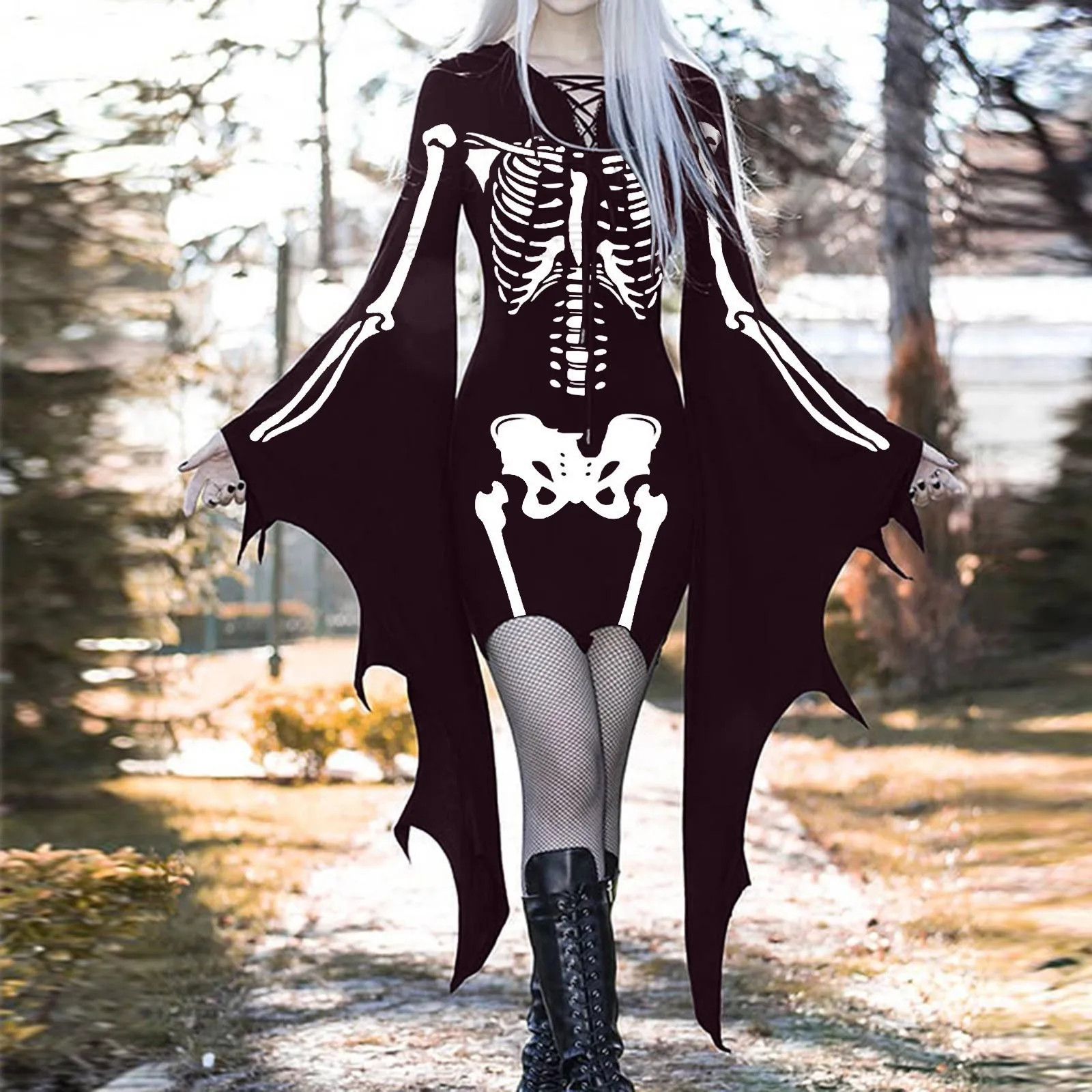 

Women'S Halloween Costume Solid Color V-Neck Sexy Dress Slim-Fit Bat-Sleeve Strap-Up Dress Skeleton Print Fashion Dress