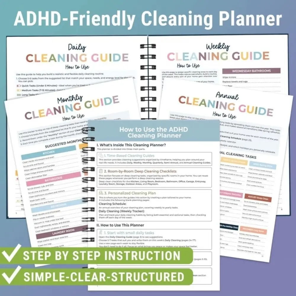 

Daily Weekly Monthly ADHD Cleaning Planner Household Cleaning Stress-Free Housework Cleaning Schedule Checklist Organizer